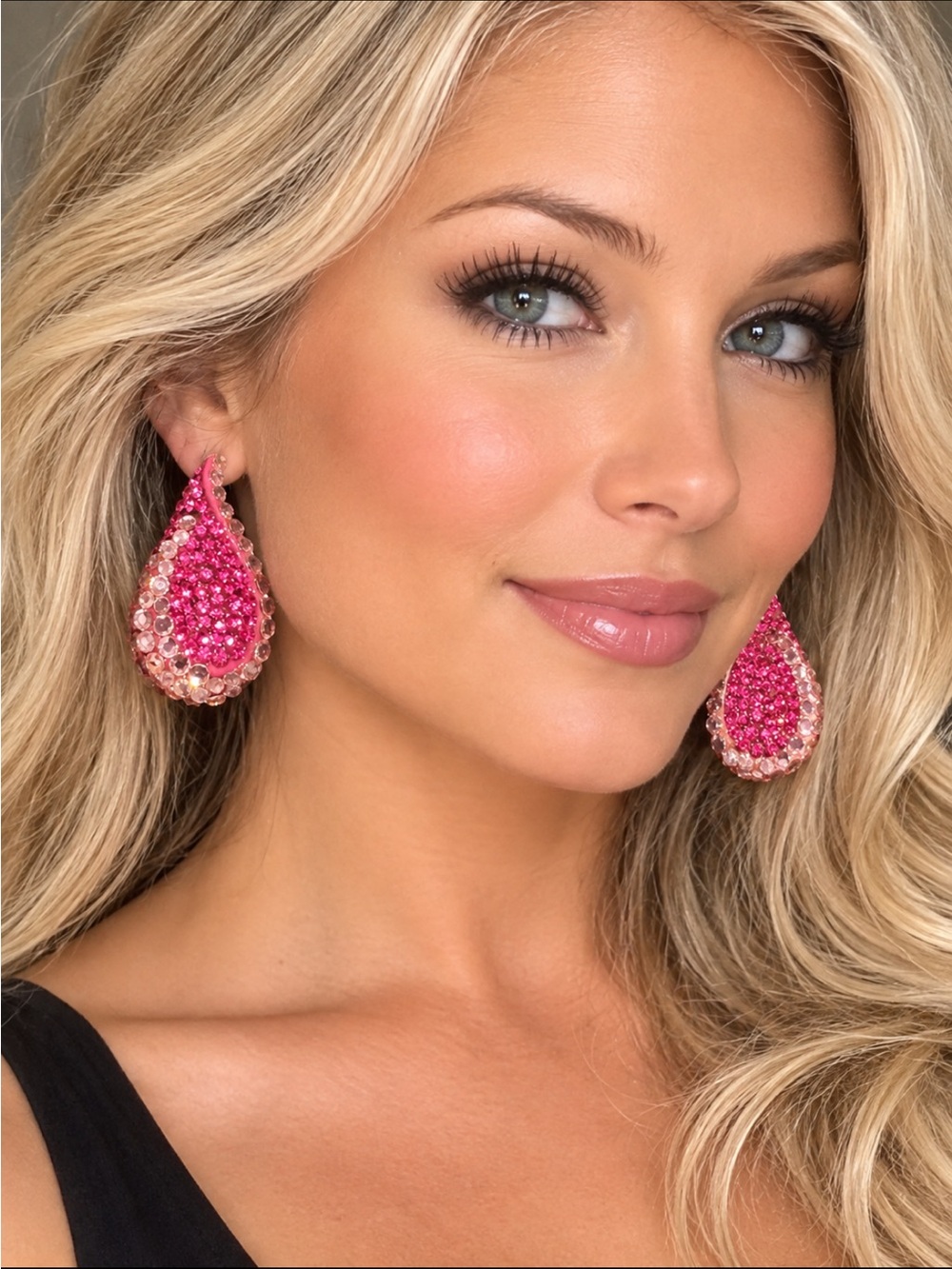 Vintage New Raspberry Bellini Pink Crystal Teardrop Earrings New Clip